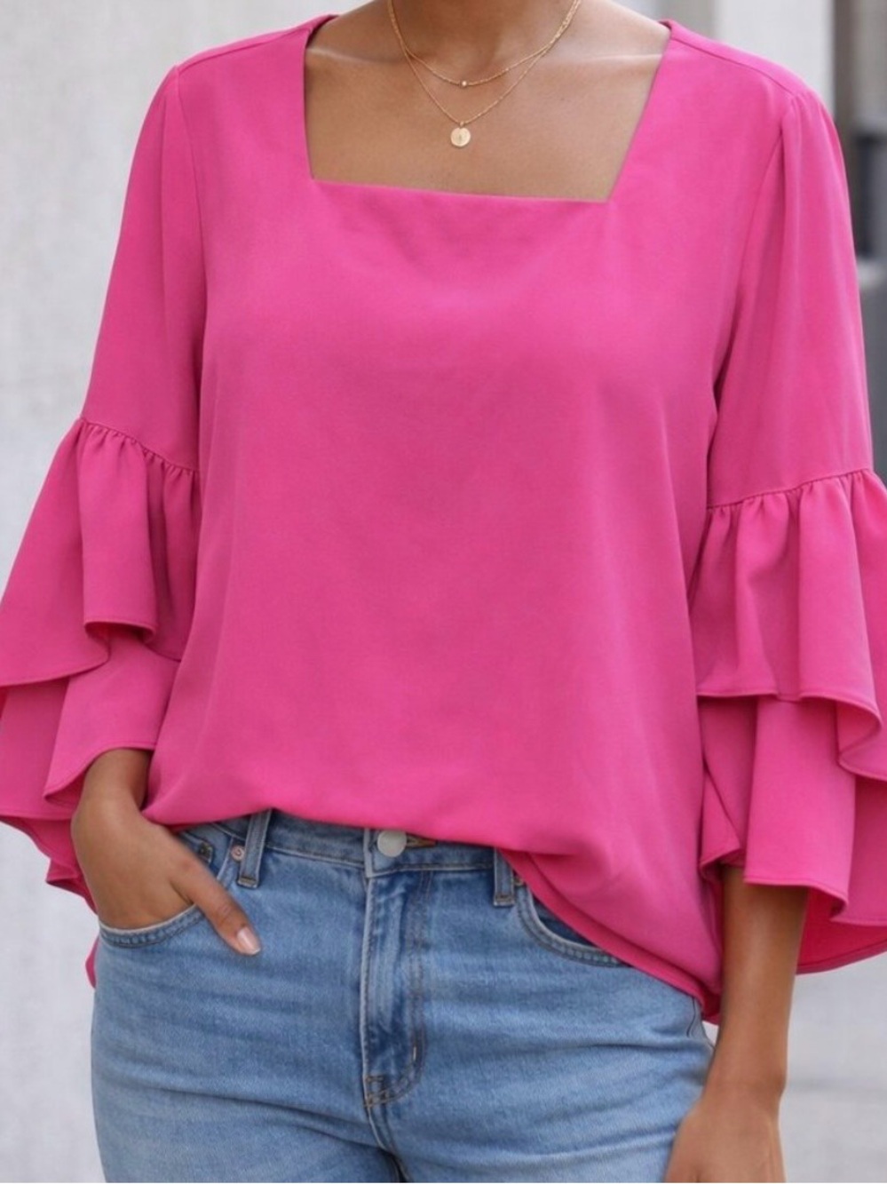 CROSBY by Mollie Burch Fuchsia Pink Square Neck Ruffle Sleeve Blouse Sz XS